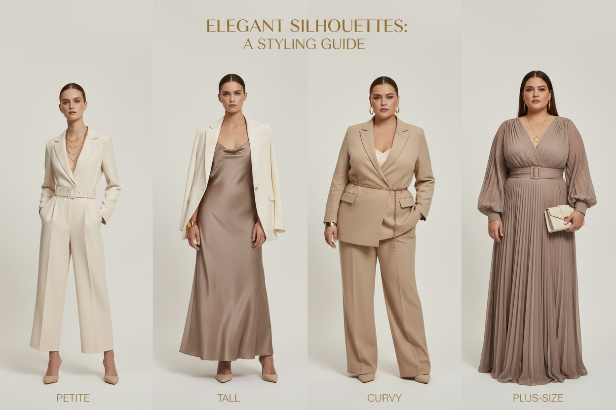 generate 2 different stylish and premium image for Petite / tall styling
Curvy / plus-size
Apple / pear / hourglass
Fit correction & proportion balance