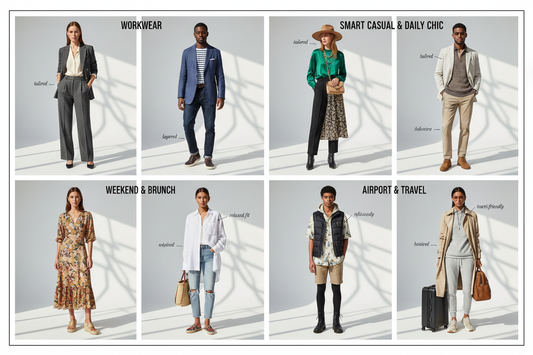generate image for Workwear (corporate / creative / hybrid)

Smart casual & daily chic

Weekend / brunch looks

Airport & travel outfits